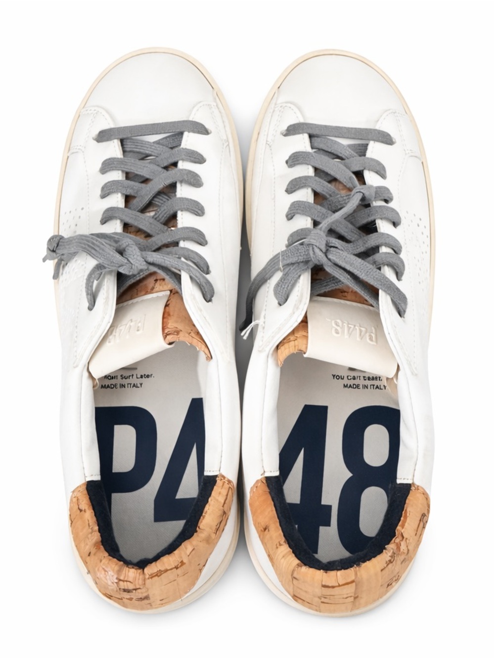 P448 Sneakers Womens 9.5 EU 40 White Leather Cork Heel Distressed Casual